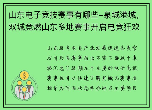 山东电子竞技赛事有哪些-泉城港城，双城竞燃山东多地赛事开启电竞狂欢季