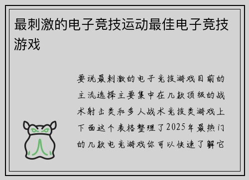 最刺激的电子竞技运动最佳电子竞技游戏