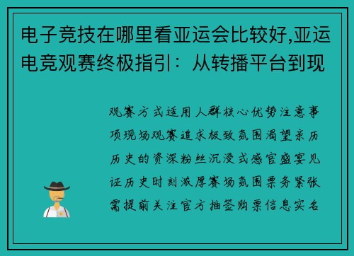 电子竞技在哪里看亚运会比较好,亚运电竞观赛终极指引：从转播平台到现场体验